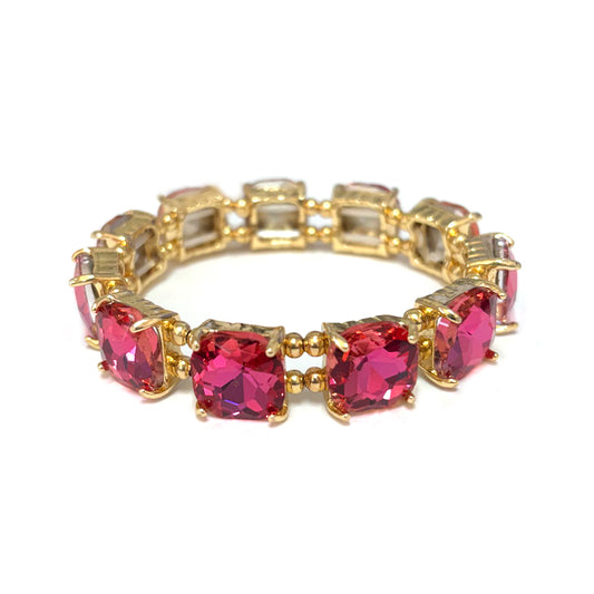 Hot Pink Crystal Square and Gold Stretch Bracelet