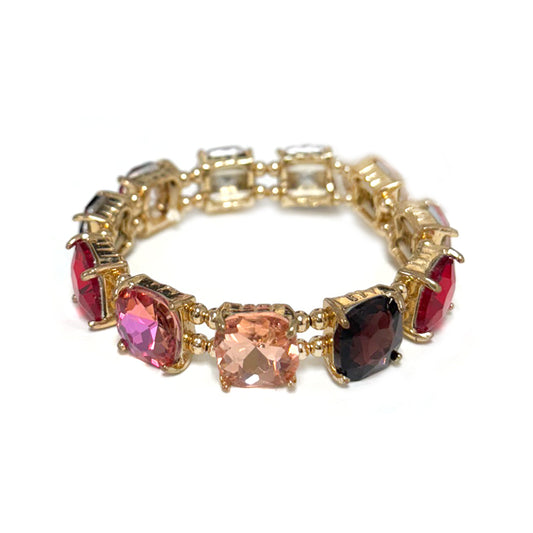 Pink Multi Crystal Square and Gold Stretch Bracelet