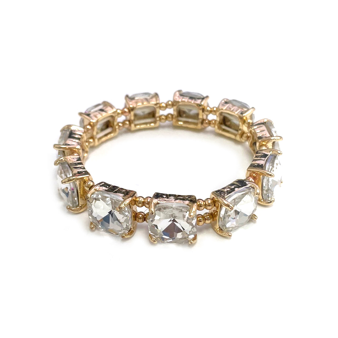 Clear Crystal Square and Gold Stretch Bracelet