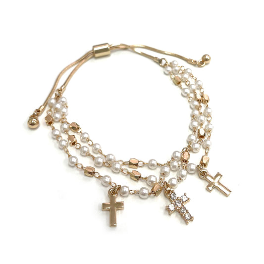 Pearl and Gold Multi Chain with Gold Cross Charm Pull String