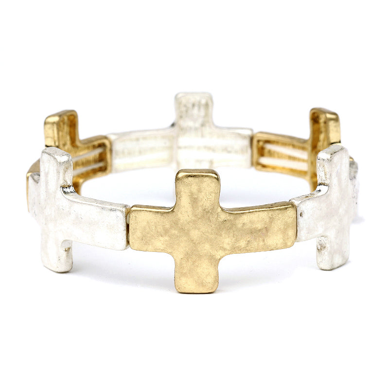 Worn Gold and Silver Cross Stretch Bracelet