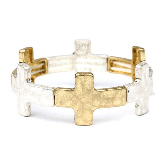 Worn Gold and Silver Cross Stretch Bracelet