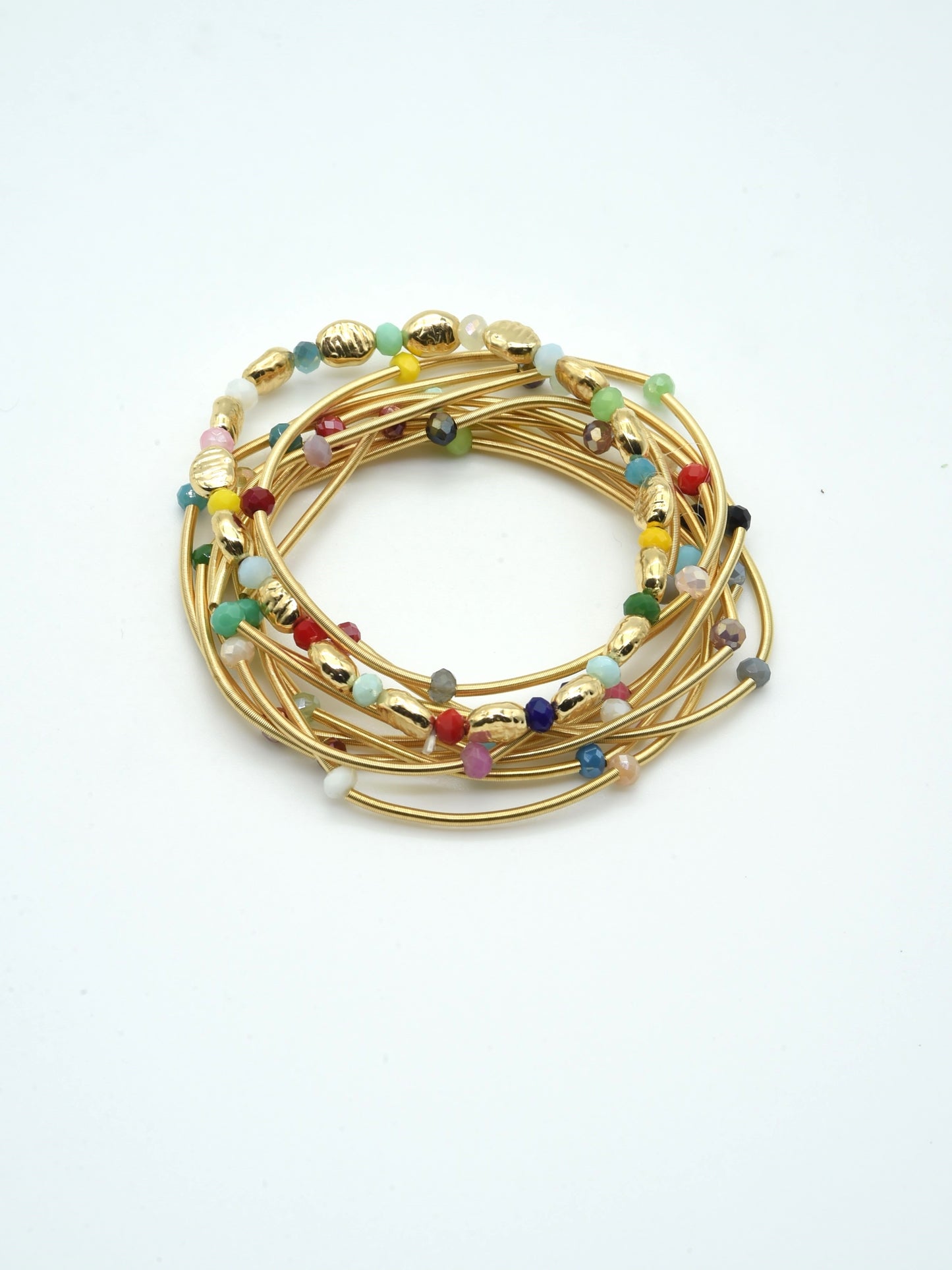 Set of 10 Gold Wired Stretch Bracelets with Multi Crystals