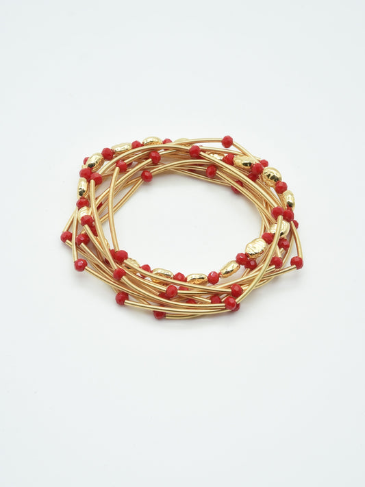 Set of 10 Gold Wired Stretch Bracelets with Red Crystals