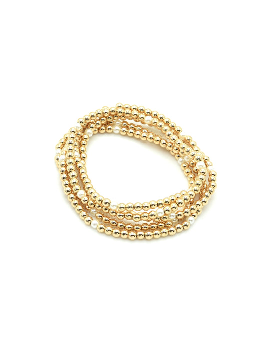 Multi Strand Gold with Pearl Beaded Accents Stretch Bracelets