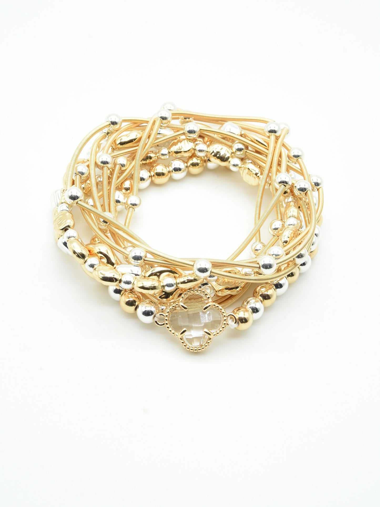 Gold Strands with Silver Beaded Stretch Bracelet Set with Clover