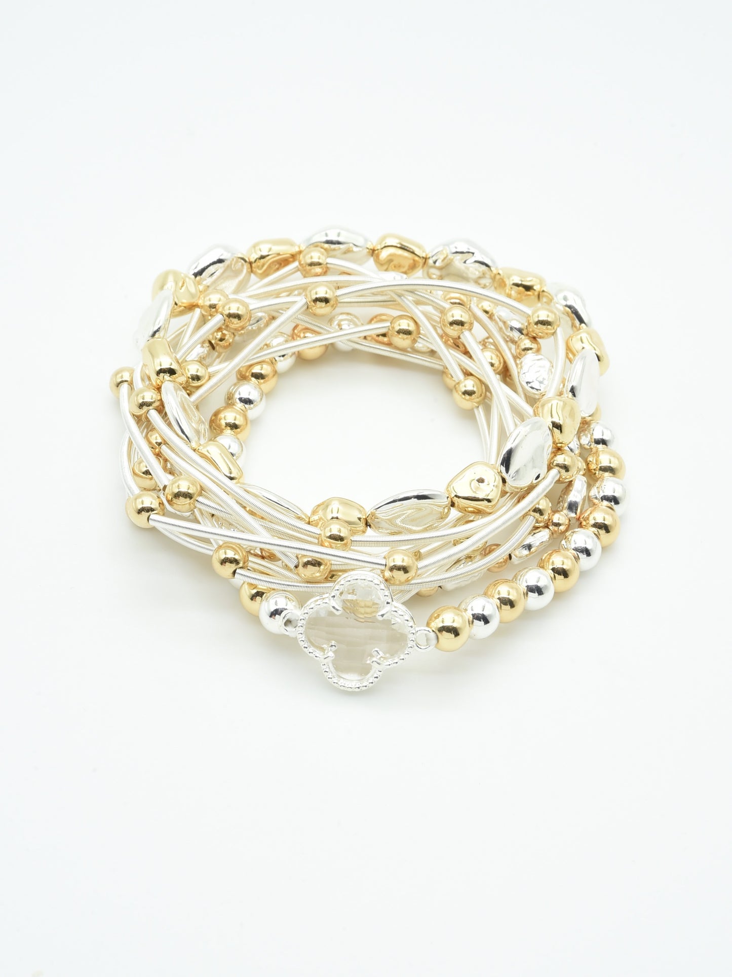 Silver Strands with Gold Beaded Stretch Bracelet Set with Clover