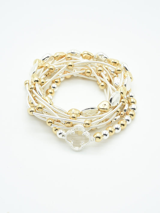 Silver Strands with Gold Beaded Stretch Bracelet Set with Clover