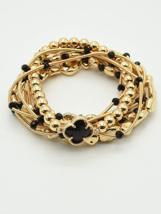 Gold Stretch Bracelet with Black Crystal and Clover Multi Bracelets