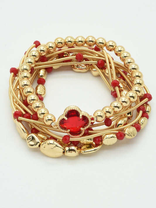 Gold Stretch Bracelet with Red Crystal and Clover Multi Bracelets