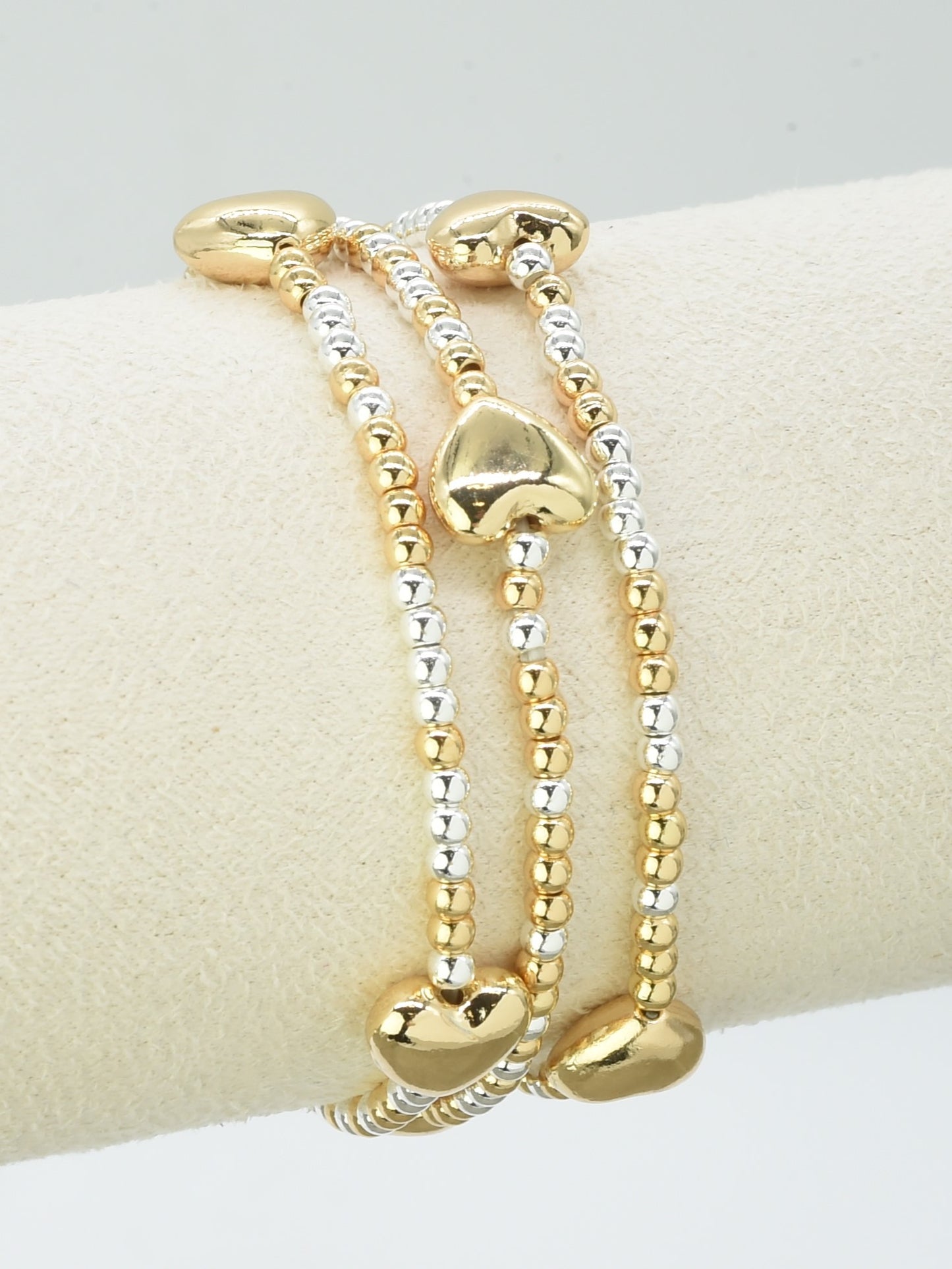 Set of 3 Gold and Silver Beaded with Gold Heart Stretch Bracelets