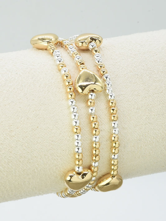 Set of 3 Gold and Silver Beaded with Gold Heart Stretch Bracelets