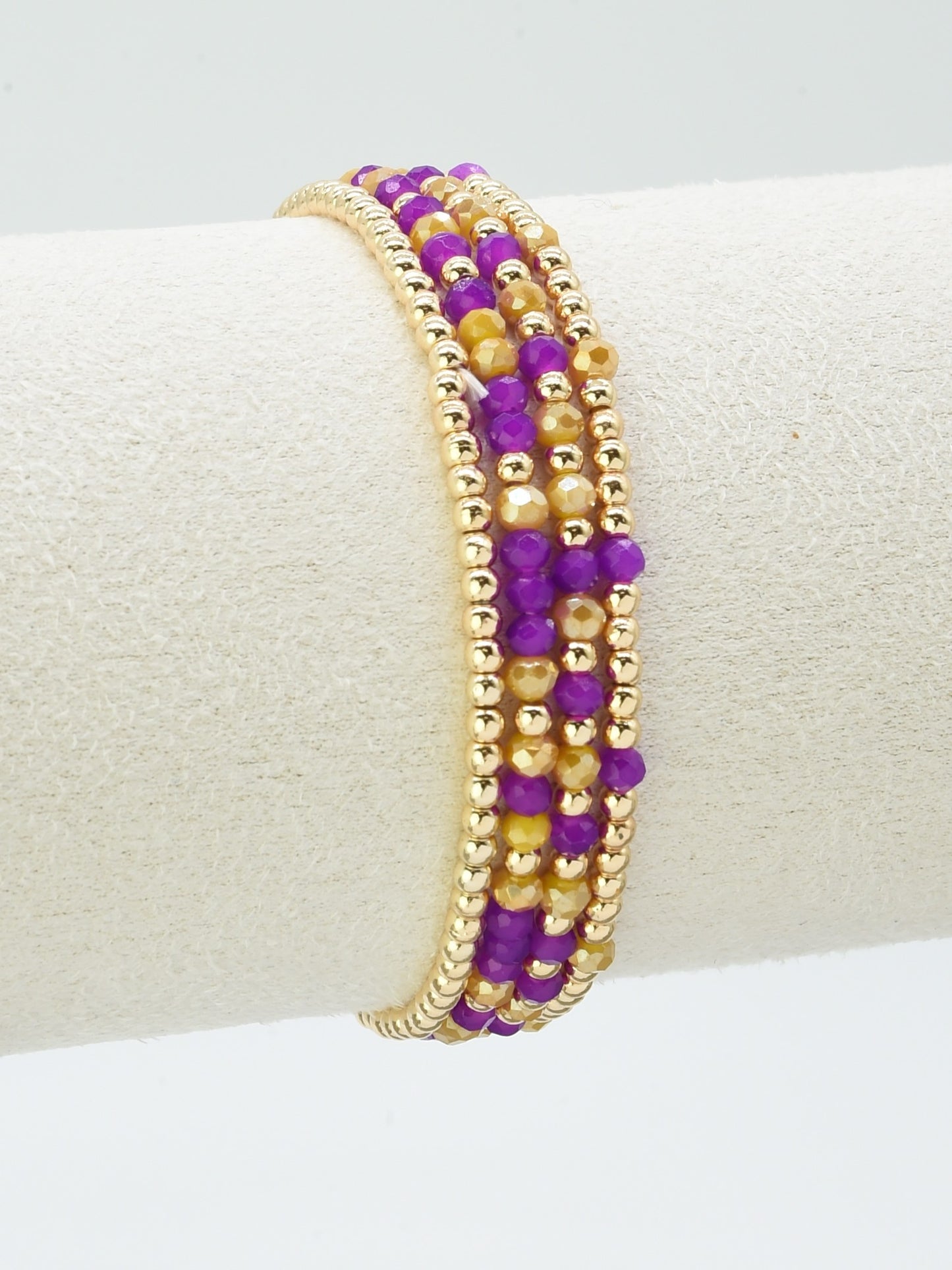 Set of 4 Yellow and Purple Glass Bead and Gold Stretch Bracelets, Great for Gameday!
