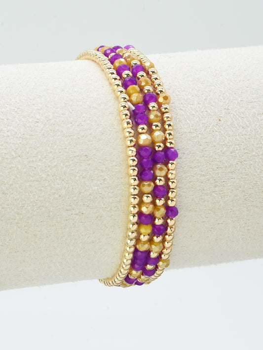 Set of 4 Yellow and Purple Glass Bead and Gold Stretch Bracelets, Great for Gameday!