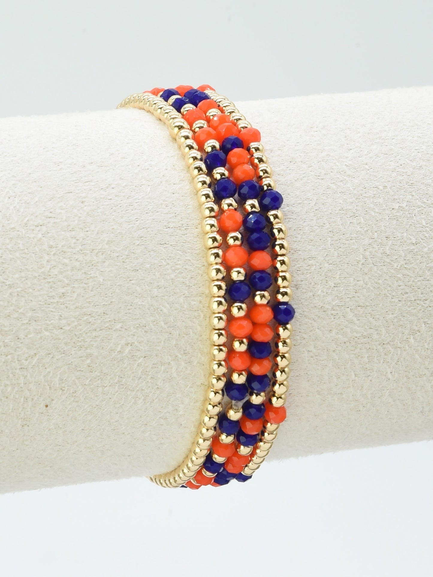 Set of 4 Orange and Navy Glass Bead and Gold Stretch Bracelets, Great for Gameday!