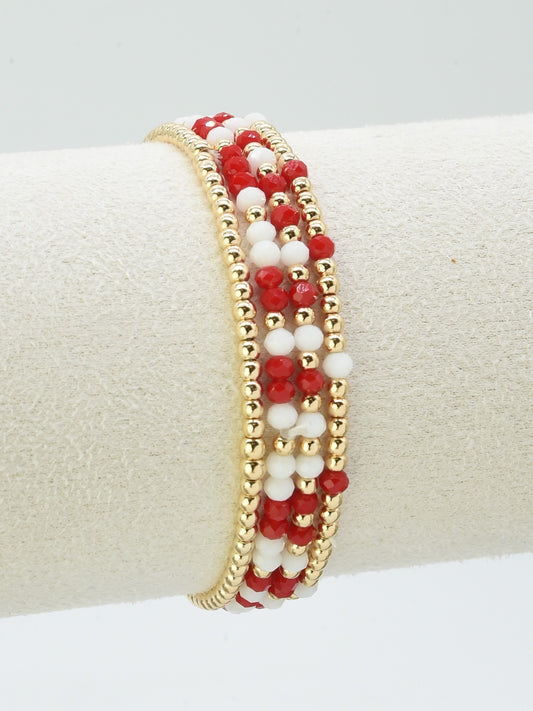 Set of 4 Red and White Glass Bead and Gold Stretch Bracelets, Great for Gameday!