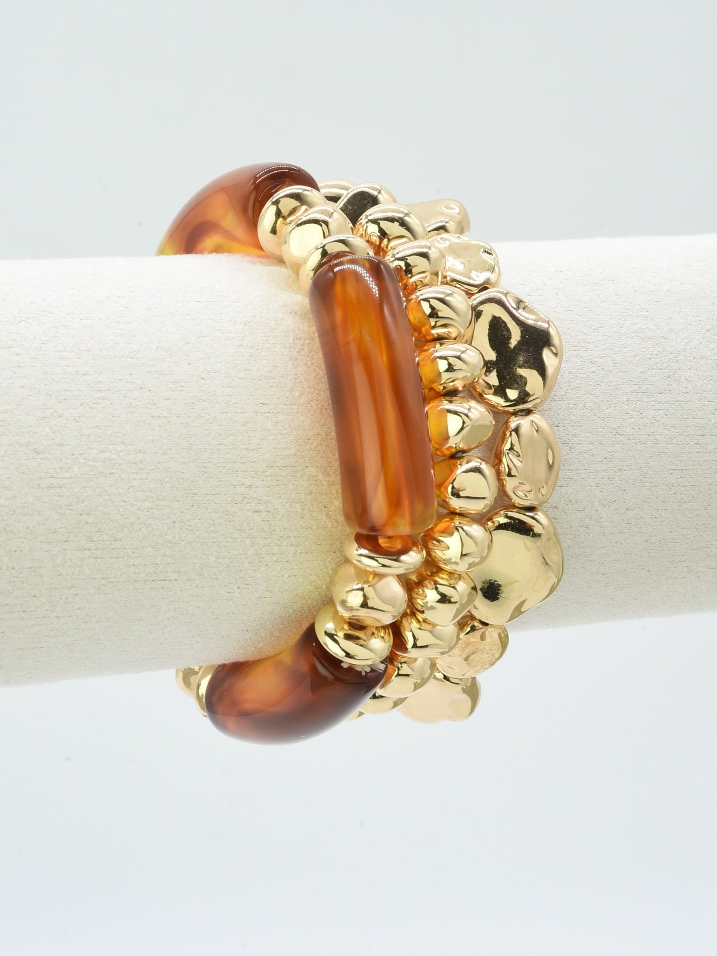 Brown Natural Stone and Gold Set of Three Stretch Bracelet