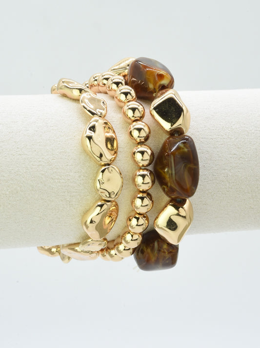 Brown Natural Stone and Gold Set of Three Stretch Bracelet