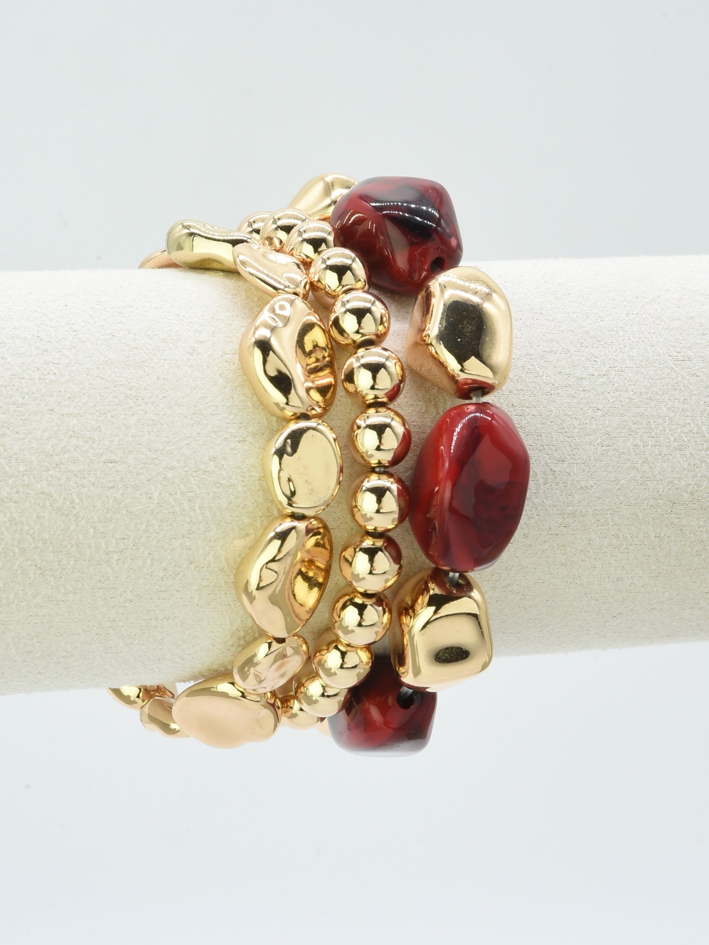 Red Natural Stone and Gold Set of Three Stretch Bracelet