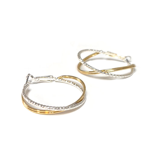 Gold with Silver Rhinestone Interlocking 1.5" Hoop Earring