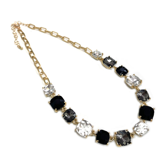 Black and Grey Multi Crystal and Gold Chain 16"-18" Necklace