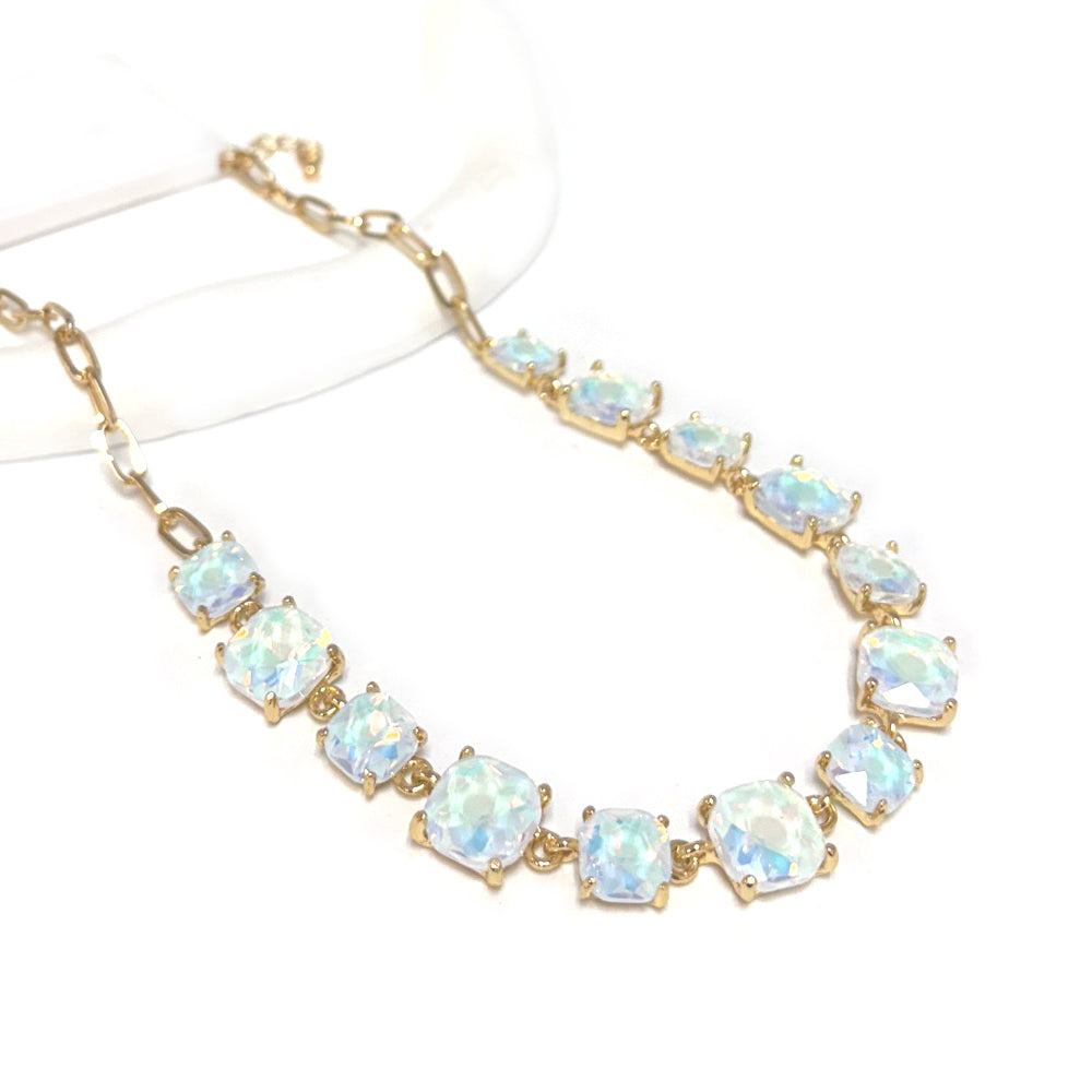 Pastel White Squared Glass Crystal and Gold Chain 16"-18" Necklace