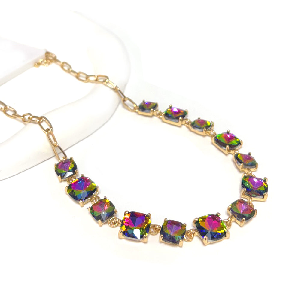 Rainbow Multi Crystal and Gold Chain 16"-18" Necklace