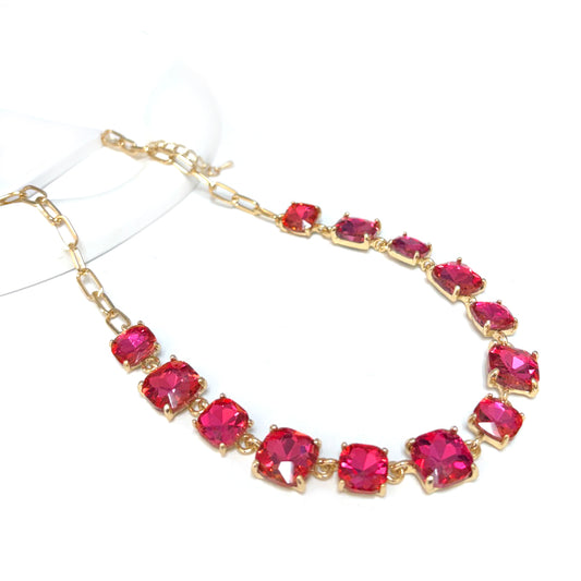 Hot Pink Crystal and Gold Chain 16"-18" Necklace