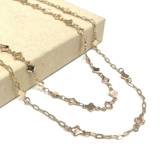 Gold Two Row Clover and Gold Chain Layered 16"-18" Necklace