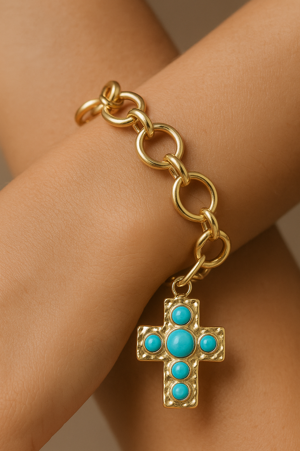 Gold Stretch Chain with Hammered Cross with Turquoise Accent Charm