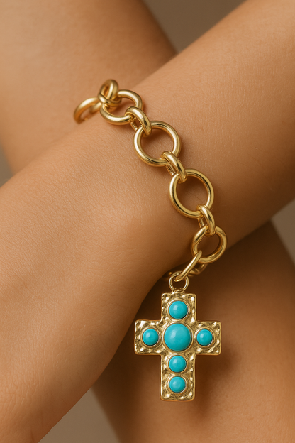 Gold Stretch Chain with Hammered Cross with Turquoise Accent Charm