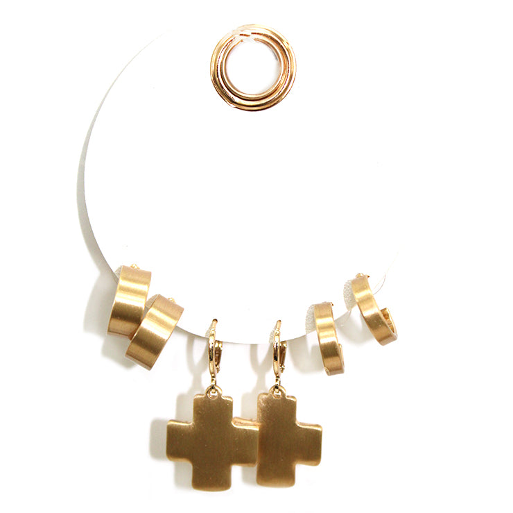 Set of Three Gold Huggie Hoops and Cross .5" Earrings