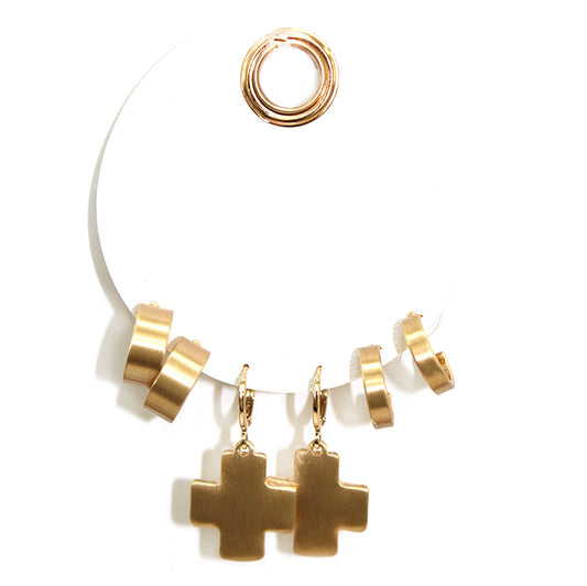 Set of Three Gold Huggie Hoops and Cross .5" Earrings
