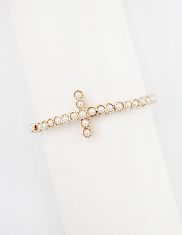 Pearl Beaded Stretch with Cross Bracelet