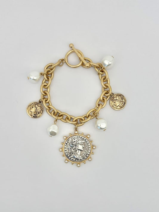 Gold Chain Bracelet with Coin Charms and Pearls