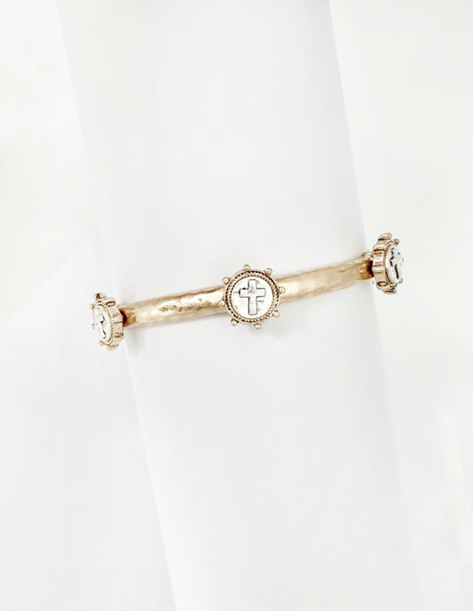 Worn Gold Textured Bracelet with Silver Stamped Cross Coin Stretch Bracelet