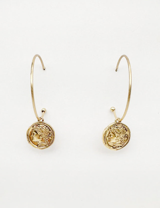 Gold 2" Hoop with Stamped Coin Charm Earring