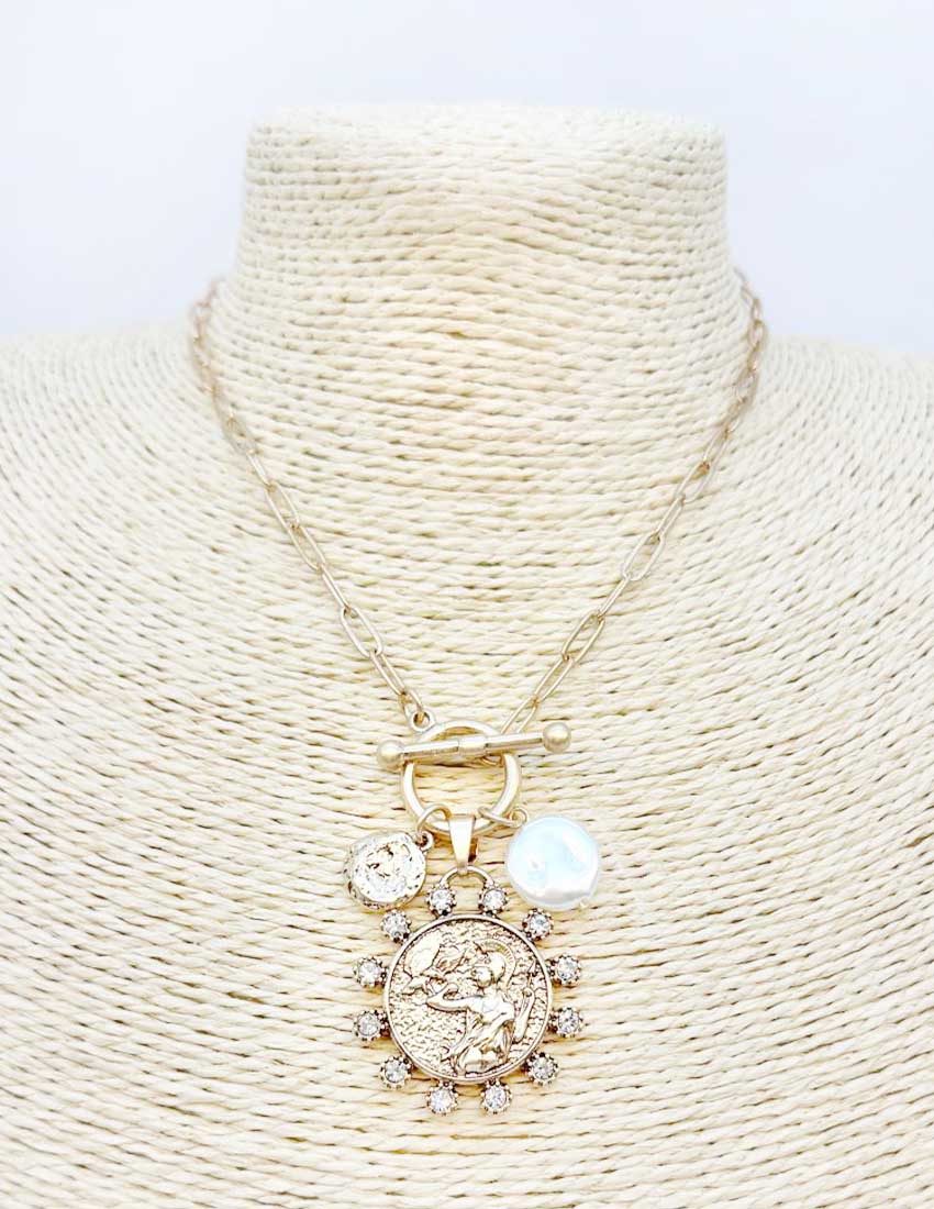 Gold Chain with Pearls and Coins Charm 16"-18" Necklace