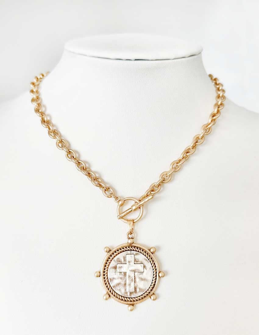 Worn Gold Chain with Stamped Cross Coin Charm 16"-18" Necklace