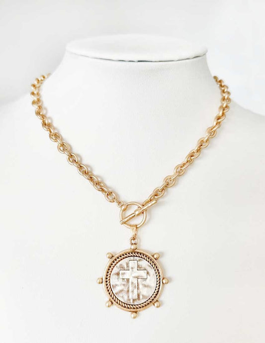 Worn Gold Chain with Stamped Cross Coin Charm 16"-18" Necklace