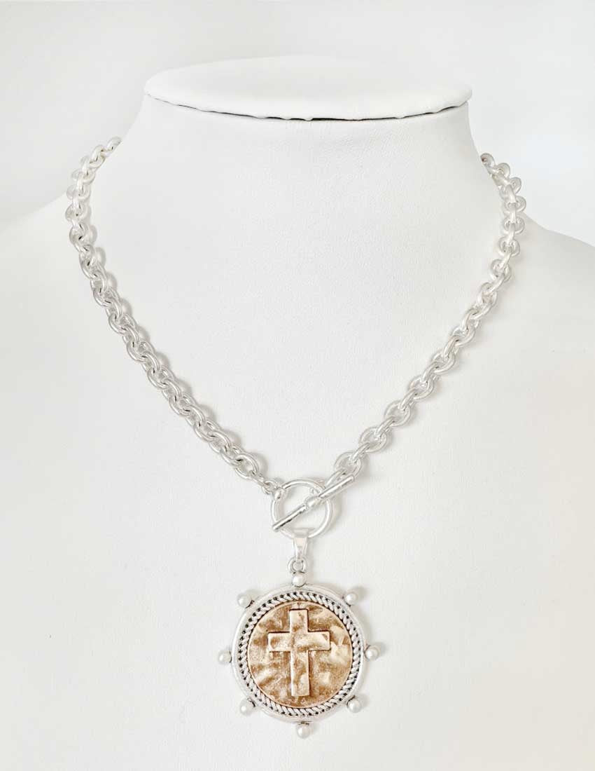 Worn Silver Chain with Stamped Cross Coin Charm 16"-18" Necklace