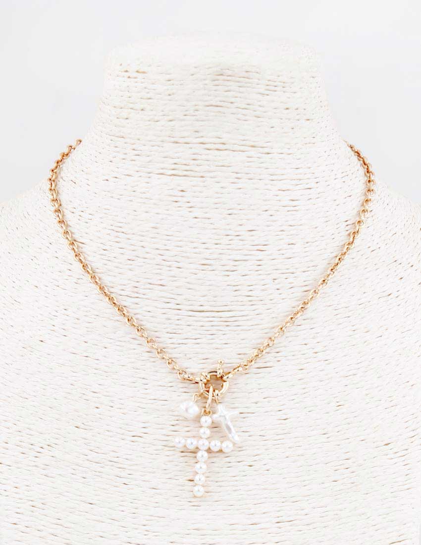 Gold Chain with Pearl Cross Charms 16"-18" Necklace