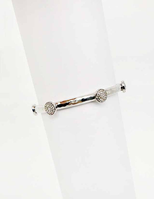 Silver Hammered Stretch Bracelet with Rhinestone Circle