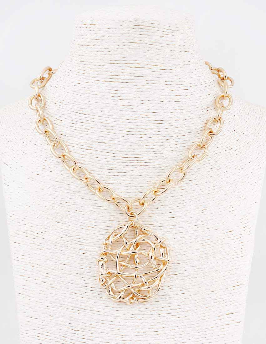 Gold Chunky Necklace with Textured Circle Charm 16"-18" Necklace