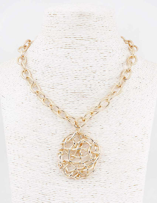 Gold Chunky Necklace with Textured Circle Charm 16"-18" Necklace