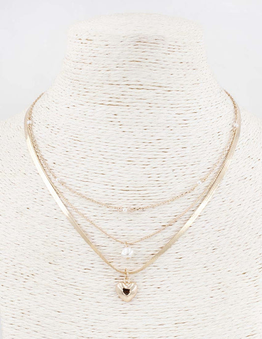 Gold Snake Chain with Puffy Heart and Pearl 16"-18" Necklace