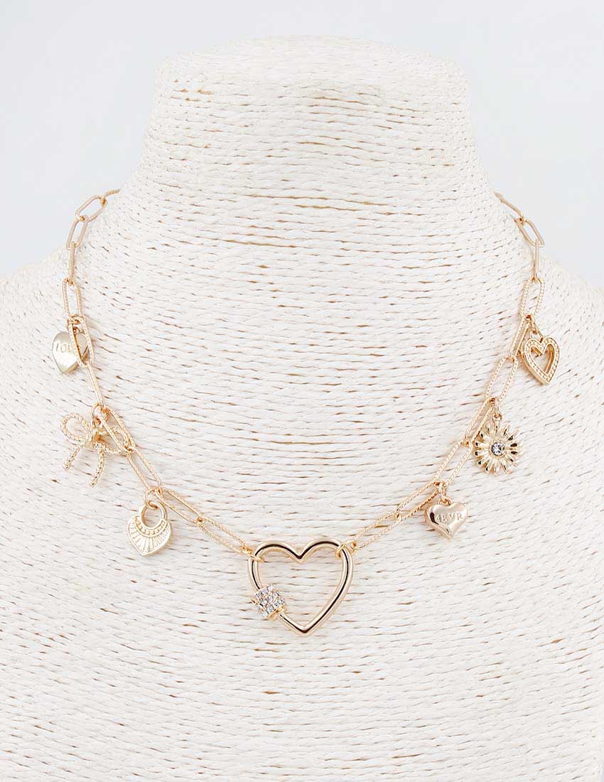 Gold Chain with Rhinestone Hearts and Bow Charms 16"-18" Necklace