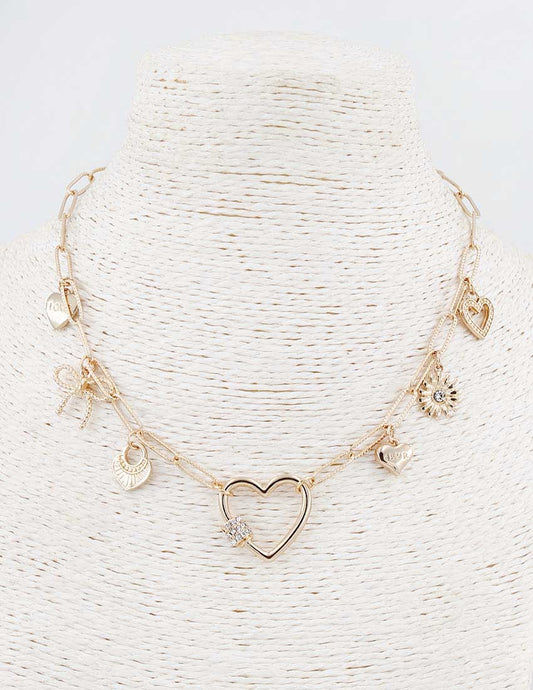 Gold Chain with Rhinestone Hearts and Bow Charms 16"-18" Necklace