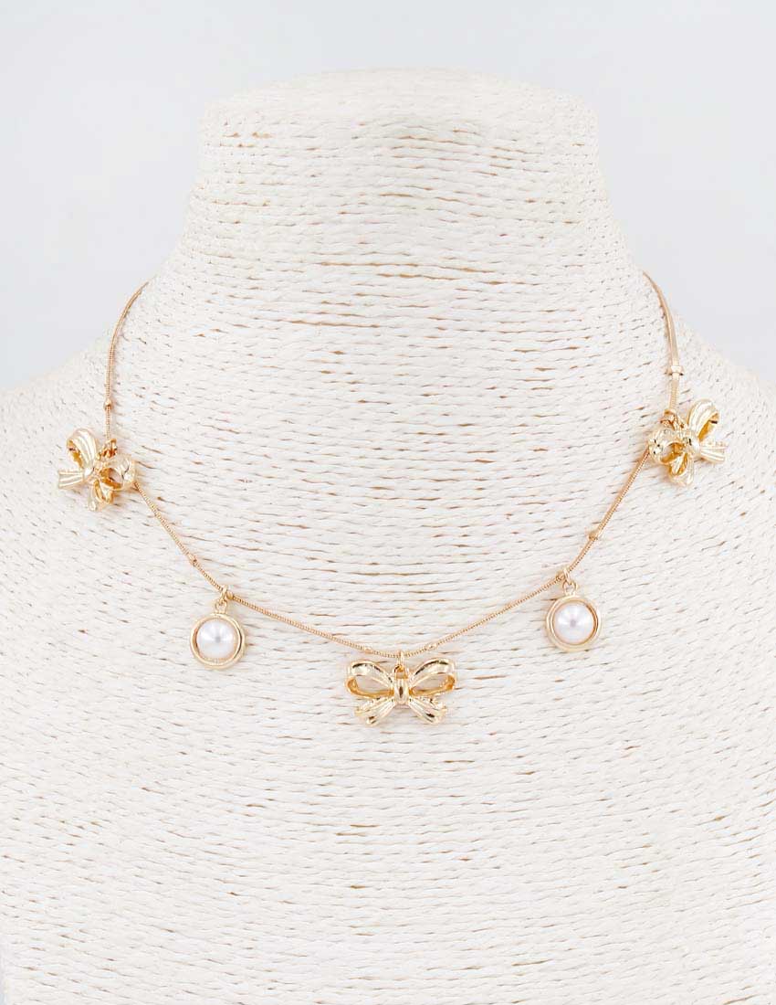 Gold Chain with Pearl and Gold Bow Charms 16"-18" Necklace