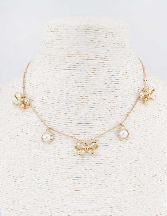 Gold Chain with Pearl and Gold Bow Charms 16"-18" Necklace